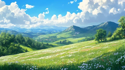 Digital painting landscape with luminous alpine meadow vista.
