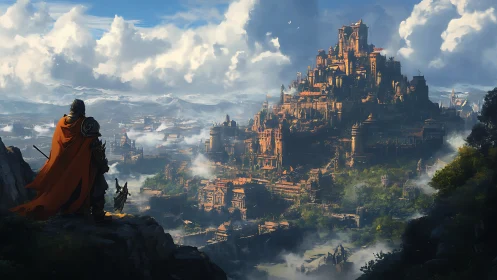Two travelers gaze toward a sunlit mountain kingdom
