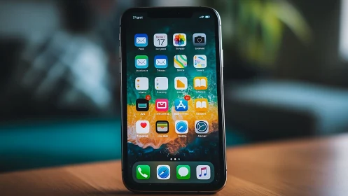 iPhone Home Screen with App Icons and Blurred Background
