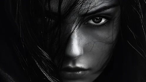 Shadowlit gaze with quiet strength and untold stories.