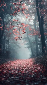 Misty forest path with autumn foliage.