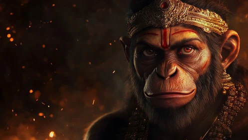 Simian deity portrait in ember-lit, high-detail digital render.