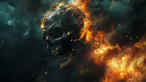 Pyroclastic skeletal visage emerging from turbulent plasma fields.