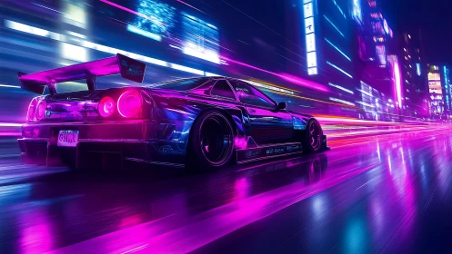 Neon drift racer slicing through cyberpunk city streets.