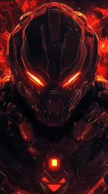 Armored sci fi warrior with glowing red visor in flames.