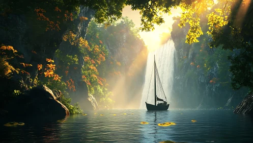 Solitary sailboat drifts toward sunlit jungle waterfall gorge