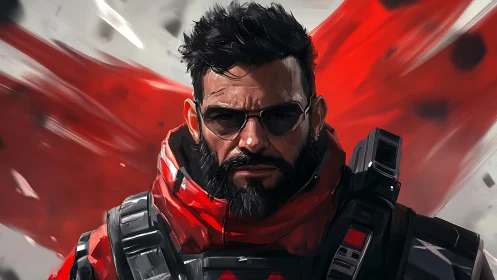 Bearded tactical figure in red gear with abstract backdrop.