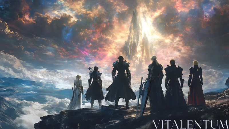 Skybound heroes behold the radiant spire of a fractured dawn.