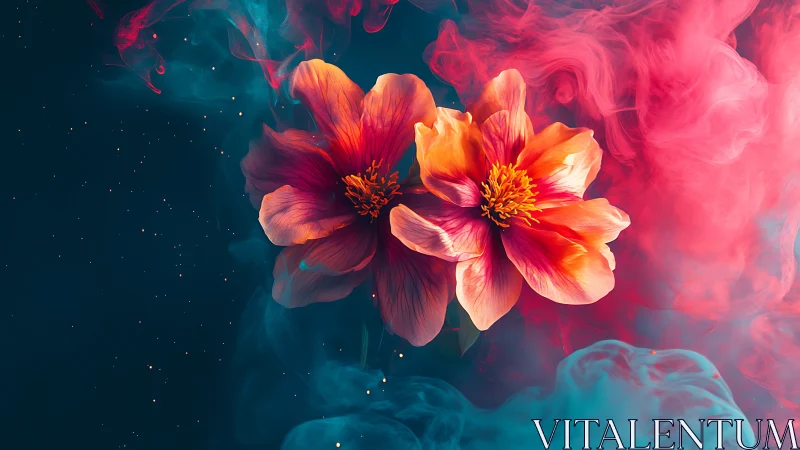 Radiant Blooms Burst Through Ethereal Pink and Teal Smoke.