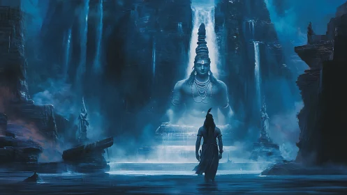 Mystic warrior approaches colossal deity in misty blue canyon