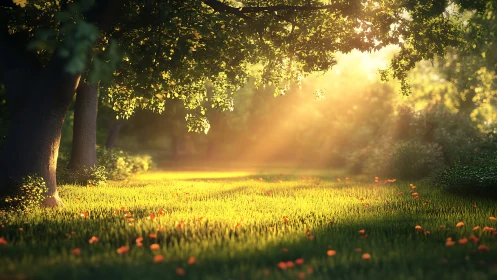 Sunlit forest clearing with grass and scattered orange flowers.