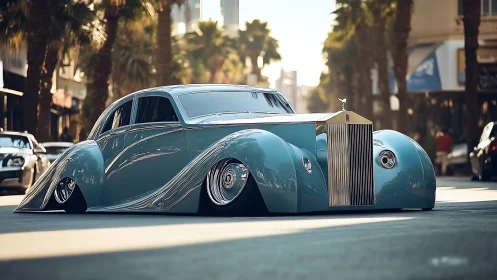 Low-slung retro Rolls-Royce concept cruises sunlit boulevard
