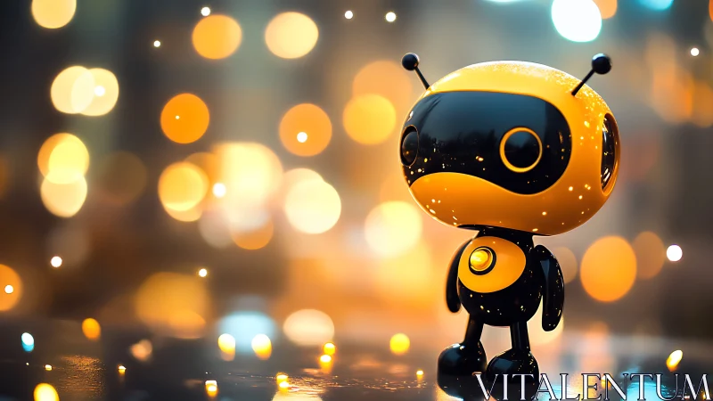 Glossy yellow-black robot stands against defocused bokeh lights