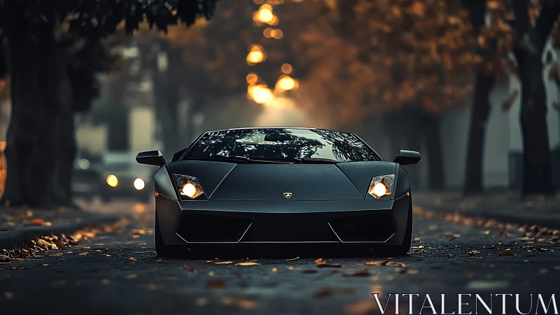 Matte black supercar in moody autumn street perspective.