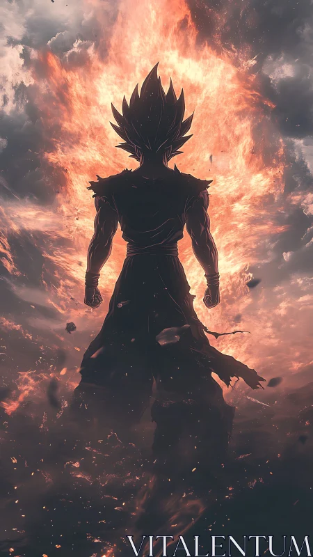 Silhouetted warrior ignites before swirling inferno sky.