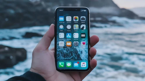 Smartphone with ocean backdrop held in hand by user.