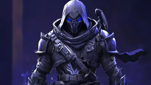 Shadow-clad cyber rogue with blazing neon eyes in armor.