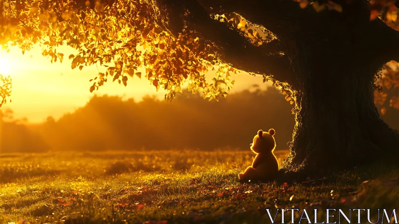 Sun-drowsy teddy under an autumn tree of molten honey.