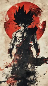 Martial figure silhouette stands before red circular backdrop