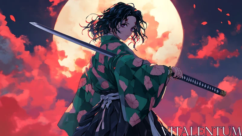 Samurai figure with drawn katana before large full moon.