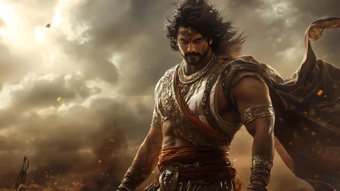 Warrior prince stands defiant beneath storm-lit battlefield skies.