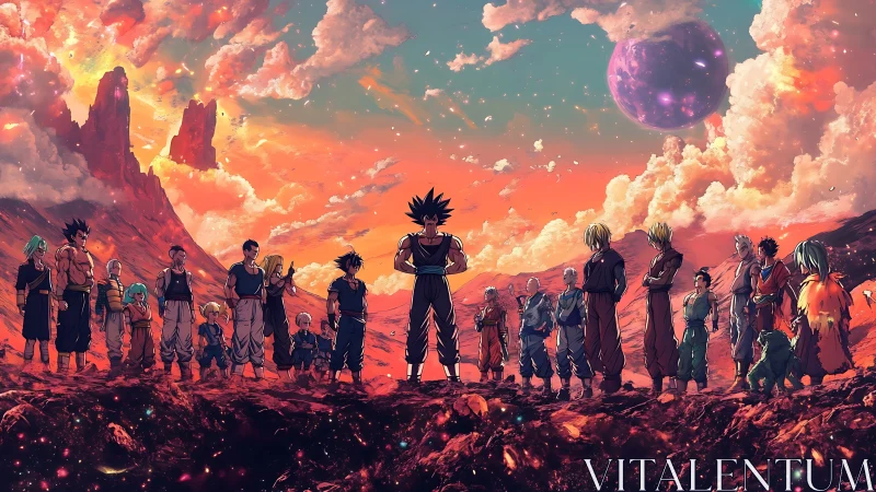 Warriors stand united on glowing alien battlefield at dusk