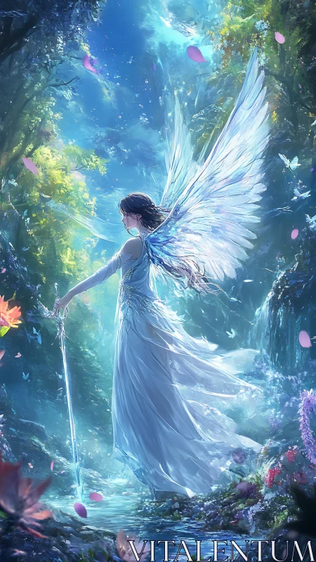 Winged guardian wields radiant sword in crystal forest.