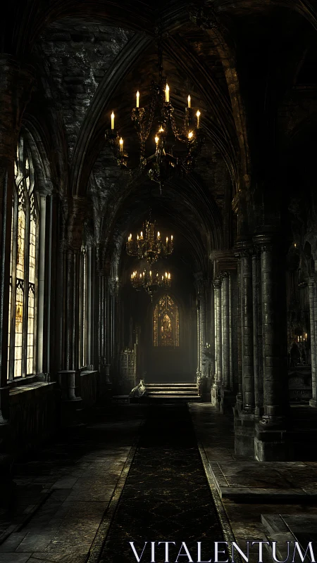 Gothic cathedral aisle glows softly under candlelit chandeliers