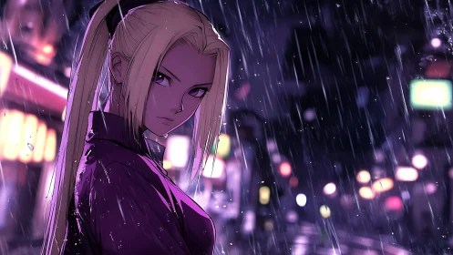 Blonde anime woman under neon rain on city street.
