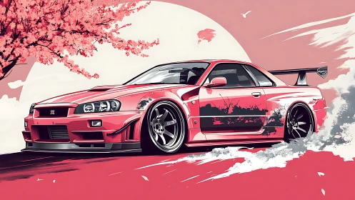 Drifting tuner car intersects sakura landscape in stylized sunset