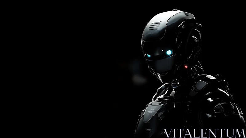 Stealth combat android stands in dramatic low-key lighting.