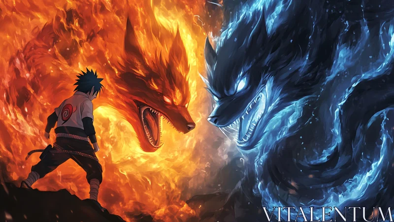 Fiery warrior confronts opposing fire and ice wolf spirits