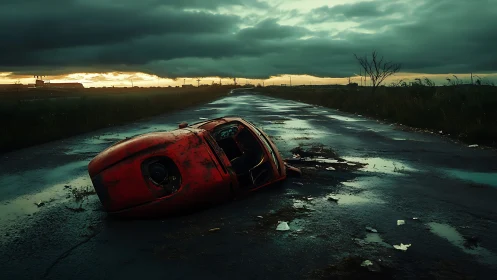 Overturned red car shell on wet rural roadside at dusk.