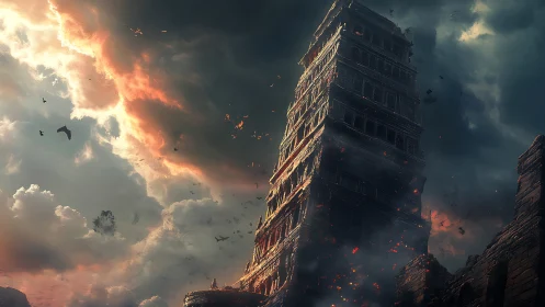 Stormlit ancient tower rising through glowing dusk clouds.