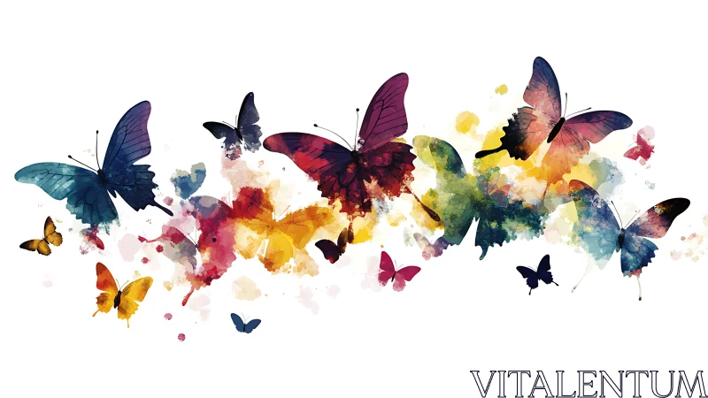 Watercolor butterfly swarm over multicolor ink splash field.