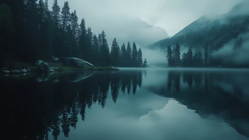 Mist-shrouded alpine lake reflects dense conifer forest.