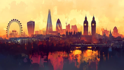 London skyline with landmarks at abstract sunset horizon.