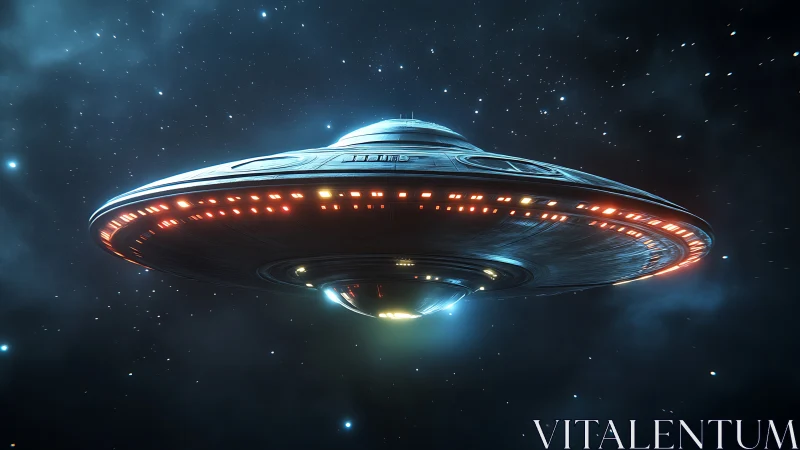 Disc-shaped spacecraft with illuminated hull in deep space.