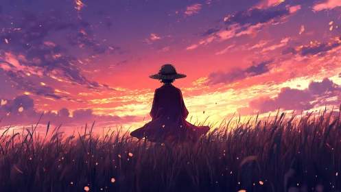 Solitary cloaked figure watches blazing sunset over field