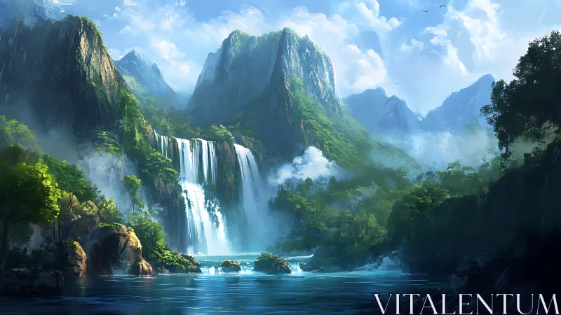 Layered mountain waterfall basin under volumetric daylight atmosphere