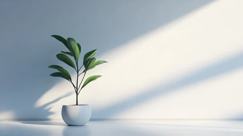 Minimalist potted plant under diagonal natural light beam.