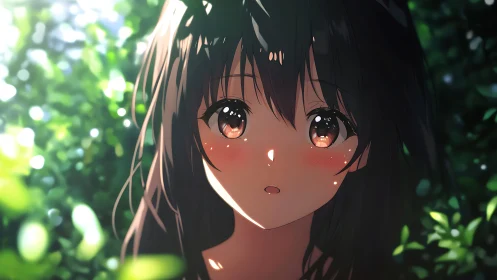 Anime girl stands in dappled forest light, eyes wide with wonder