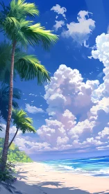 Tropical beach illustration with palm trees and bright clouds.