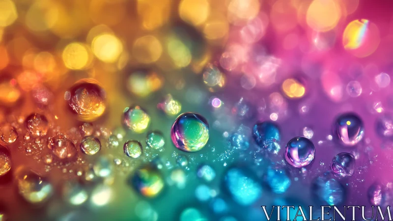 Iridescent water droplets shimmer across blurred rainbow field