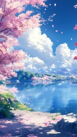 Sakura-lined lakeside panorama under towering cumulus clouds.
