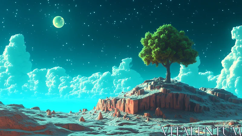 Lonely emerald tree dreams loudly on a turquoise alien night