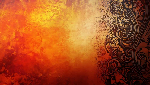 Ornate black flourishes over molten orange gradient field.