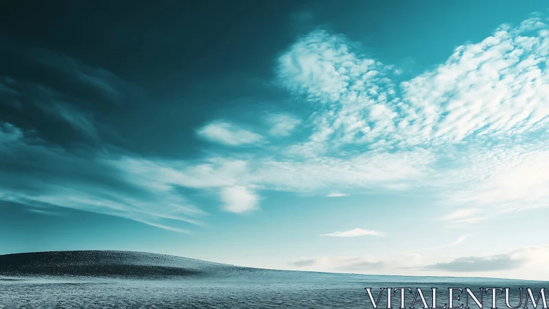 Silent turquoise horizon above a whispering snow desert.