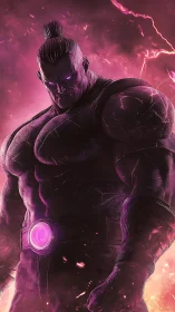 Brooding cosmic warrior glowing in stormy pink light.