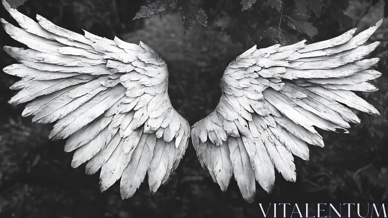 Monochrome sculpted angel wings with textured feather layers.